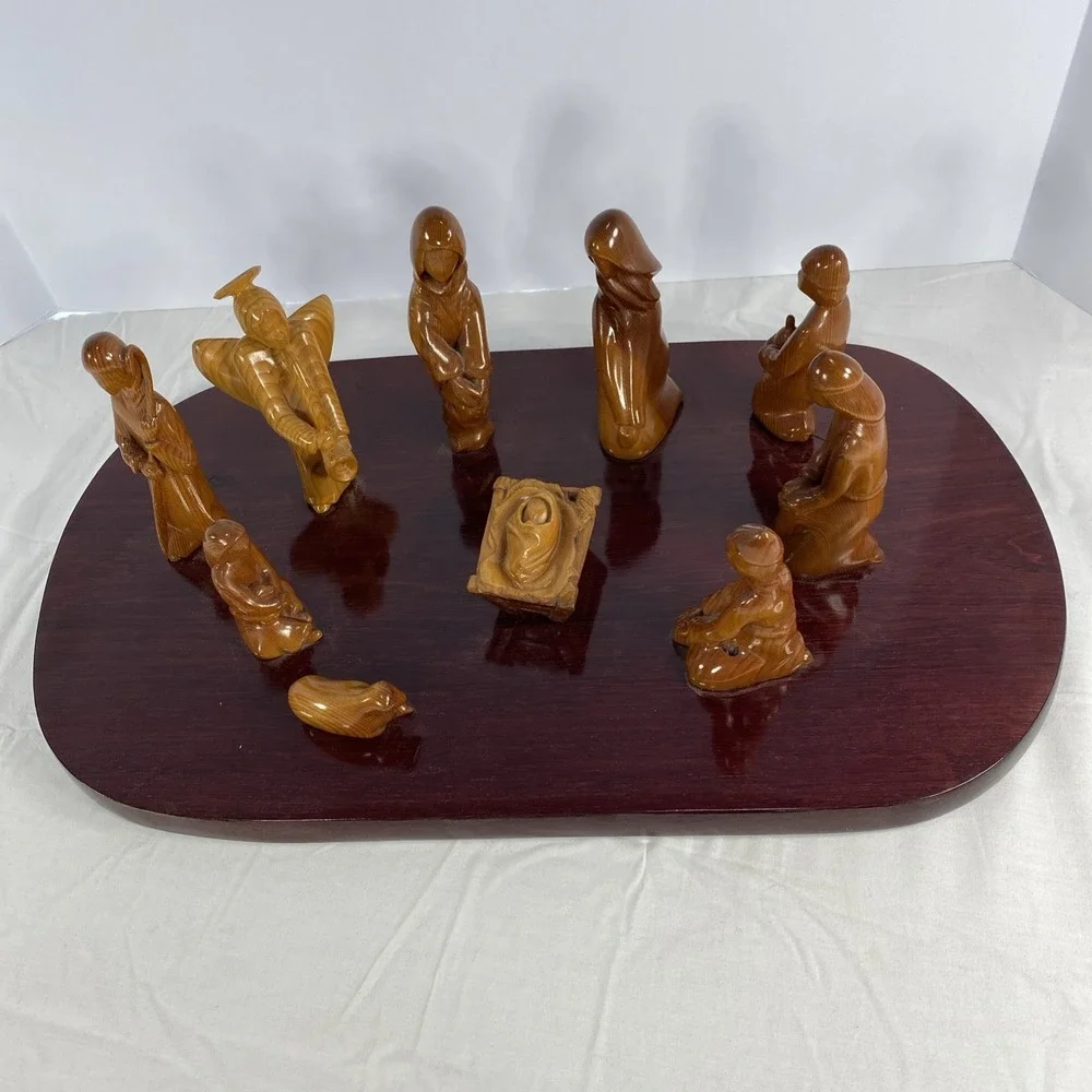 Abstract Carved Wood Nativity Set on Display Board | Modern Style | As-Is